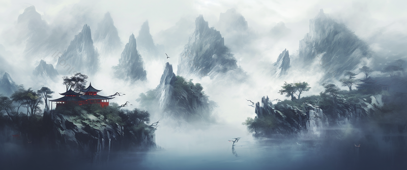 亭台楼阁坐落于峡谷之间远景中国风水墨山水画,插画/手绘图,插画/手绘图库,插画/手绘图下载,插画/手绘